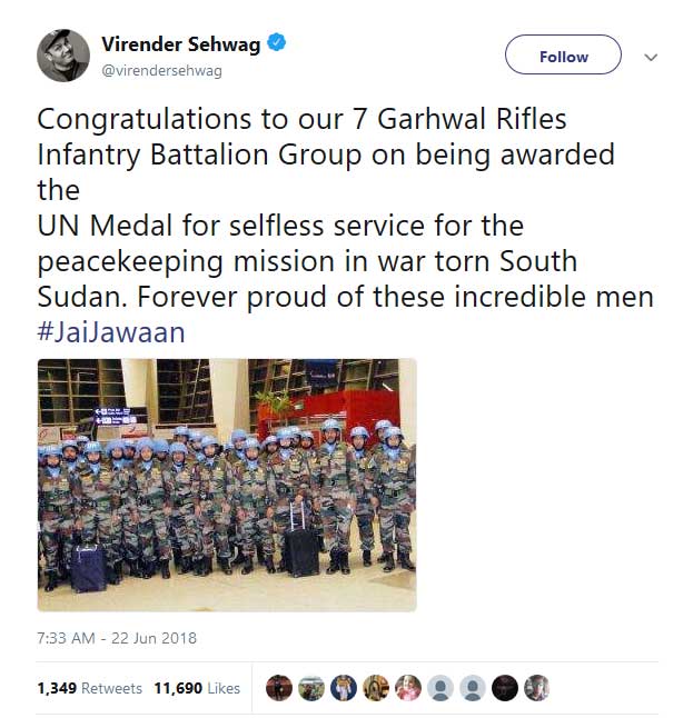 Virendra sehwag Tweet about Garhwal Rifals