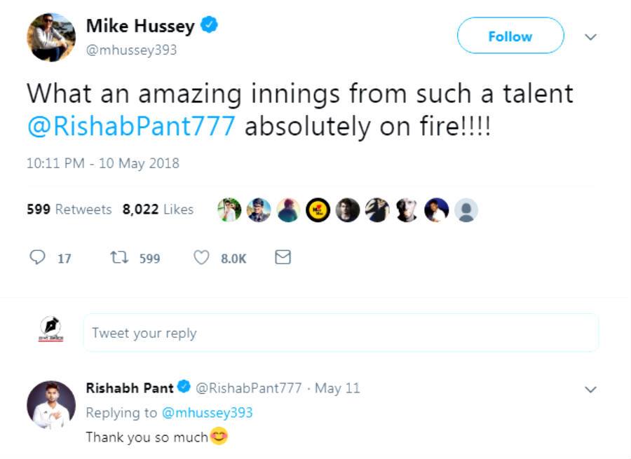 Mike Hussey Tweets about Rishabh Pant