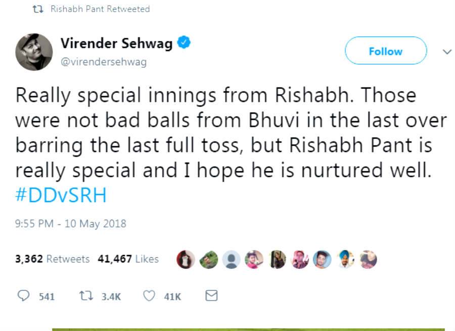Virendra Sehwag Tweets about Rishabh Pant